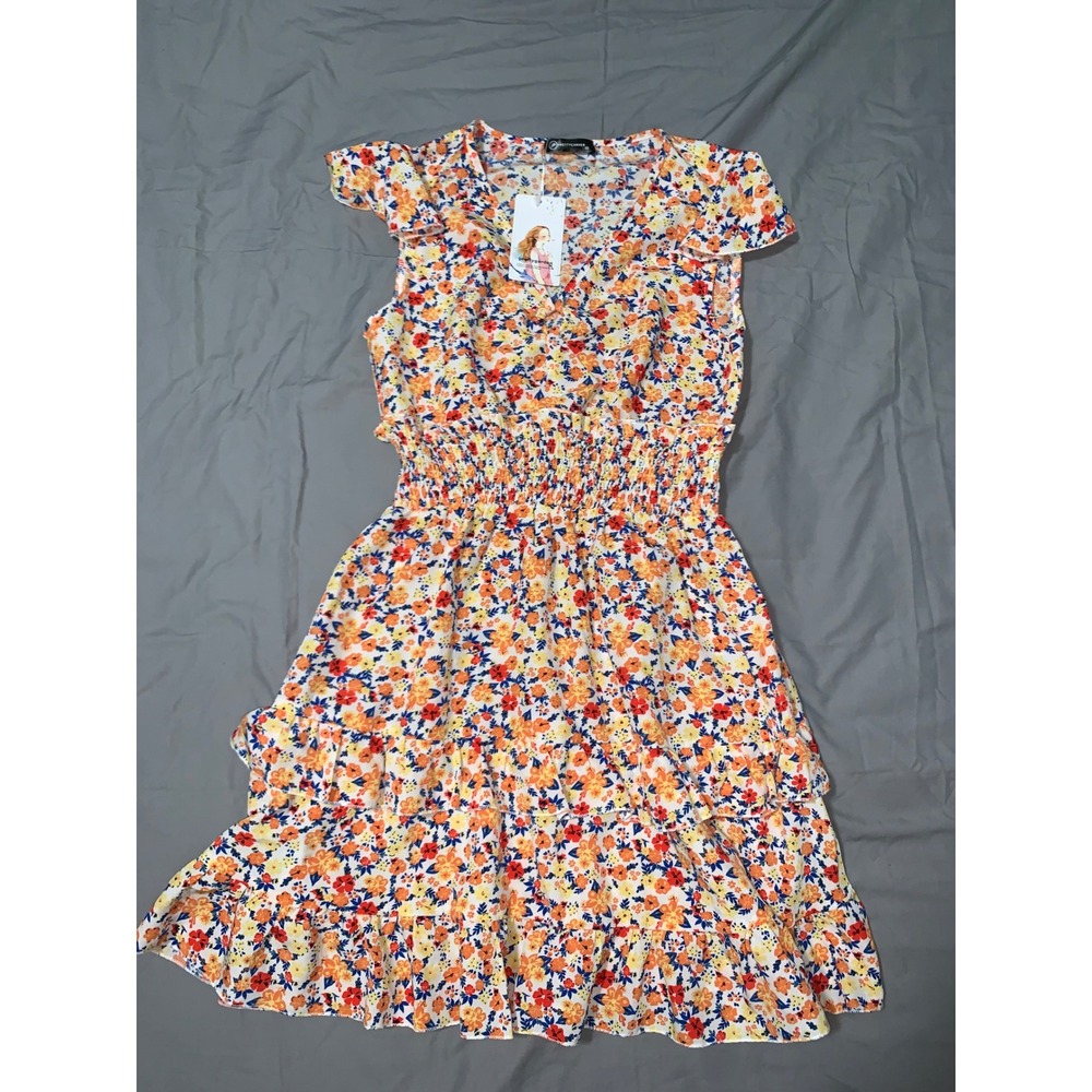 PrettyGarden Floral V-Neck Mini Dress Smocked Waist Ruffle Tiered Orange XS NEW